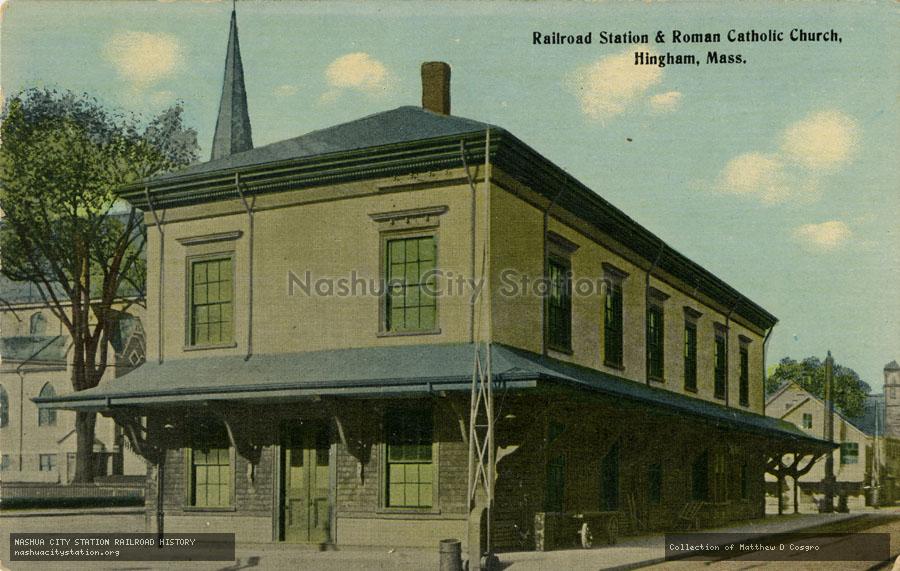 Postcard: Railroad Station and Roman Catholic Church, Hingham, Massachusetts